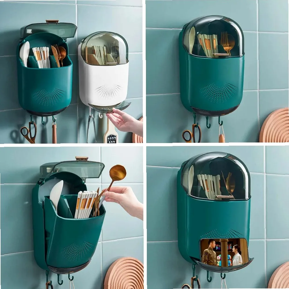 

Wall Mounted Dish Drainer Holder with Cutlery Basket, Kitchen Utensil Storage Box Organizer for Spoons Forks Chopsticks