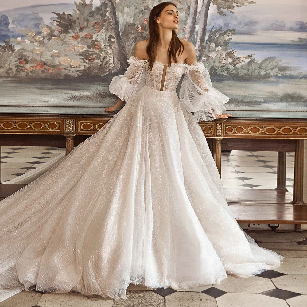 

Off Shoulder Wedding Dresses with Sleeves A Line Backless Court Train Bridal Party Gowns 2023 Custom Made