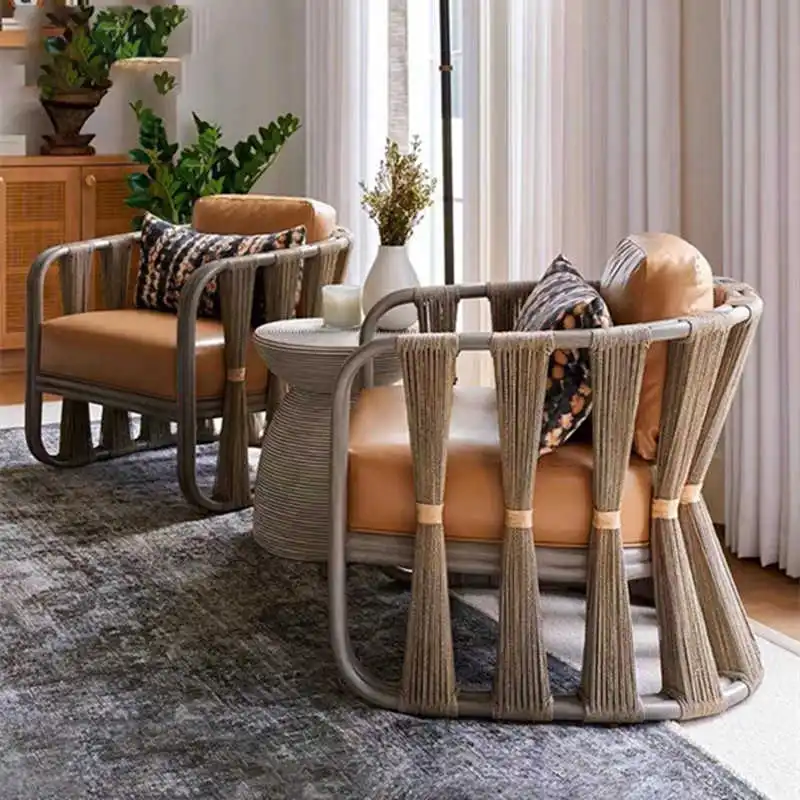 Nordic Outdoor Rattan Sofa, Creative Patio Garden Furniture, Vintage Style Balcony Chair, Southeast Asian Villa Decor