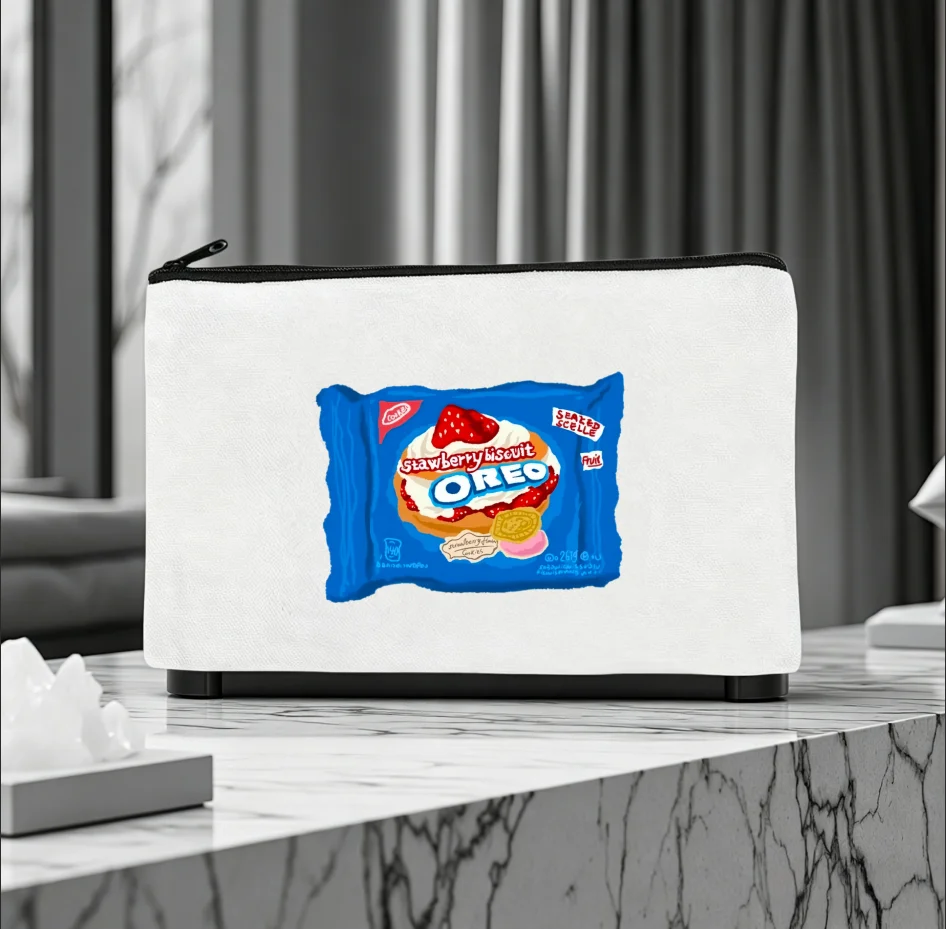 1PC Blue Cookie Snack Package Graphic Print Canvas Cosmetic Bag Portable Zipper Storage Pouch
