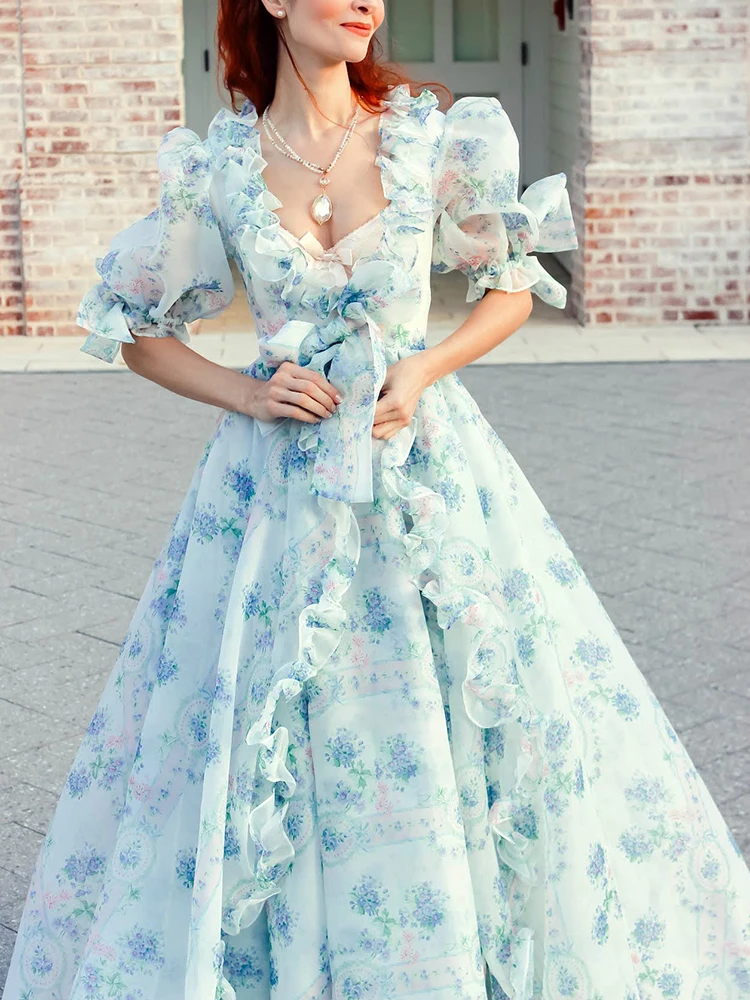 Gypsylady Floral Chic Maxi Dress Gown Organza Elegant Blue Summer Women Dresses Ruffle Lace Holiday Party Bow Tie Ladies Vestido