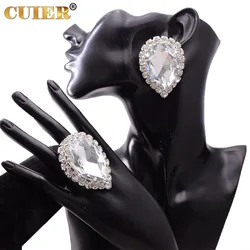 38*54mm Big Size Crystal Water Drop Glass Gemstones Earring Ring Jewelry Set for Women Wedding Accessories for Bridal