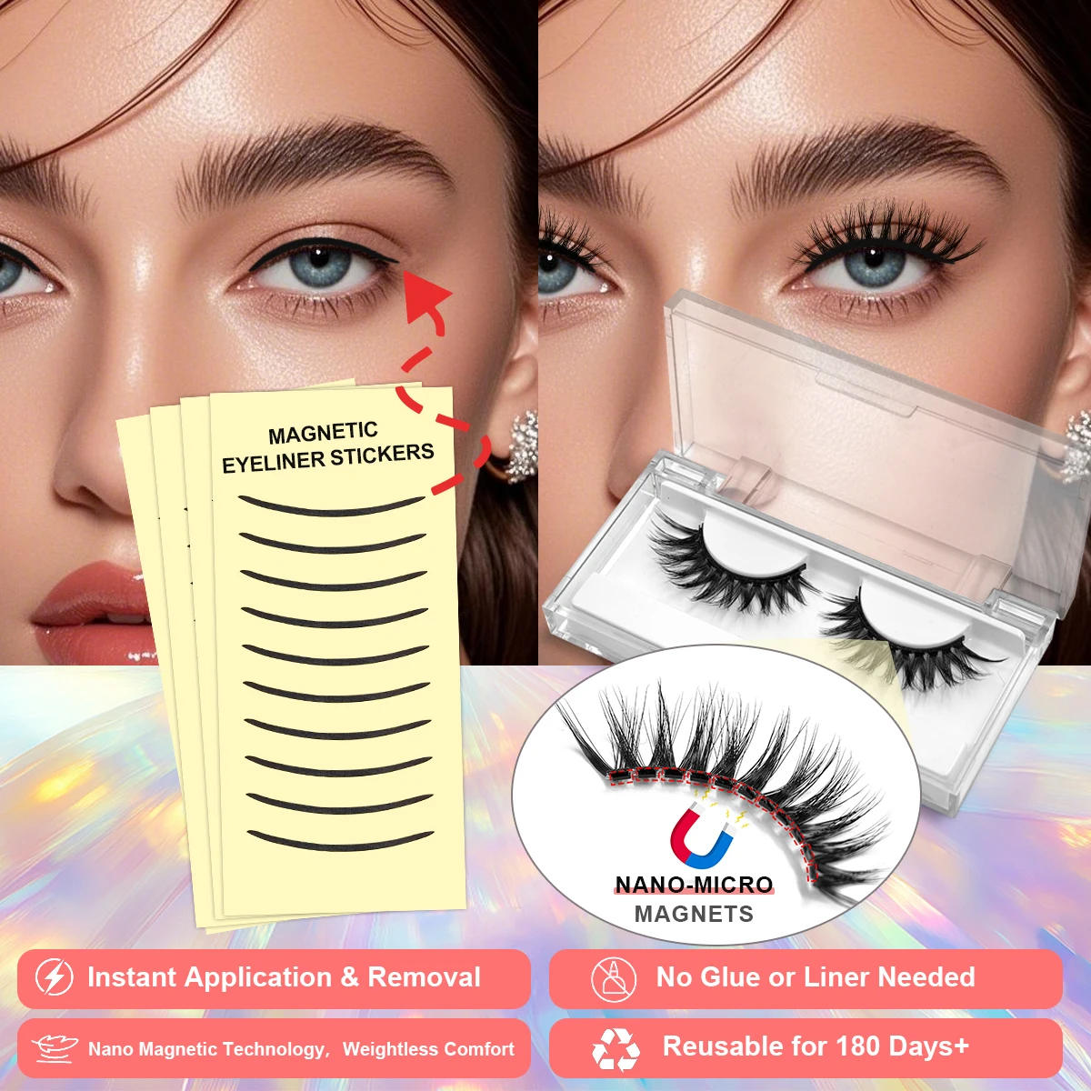 Neue Eyeliner Magnetstreifen Wimpern Kleberfreie magnetische Wimpern Wiederverwendbare magnetische Wimpern
