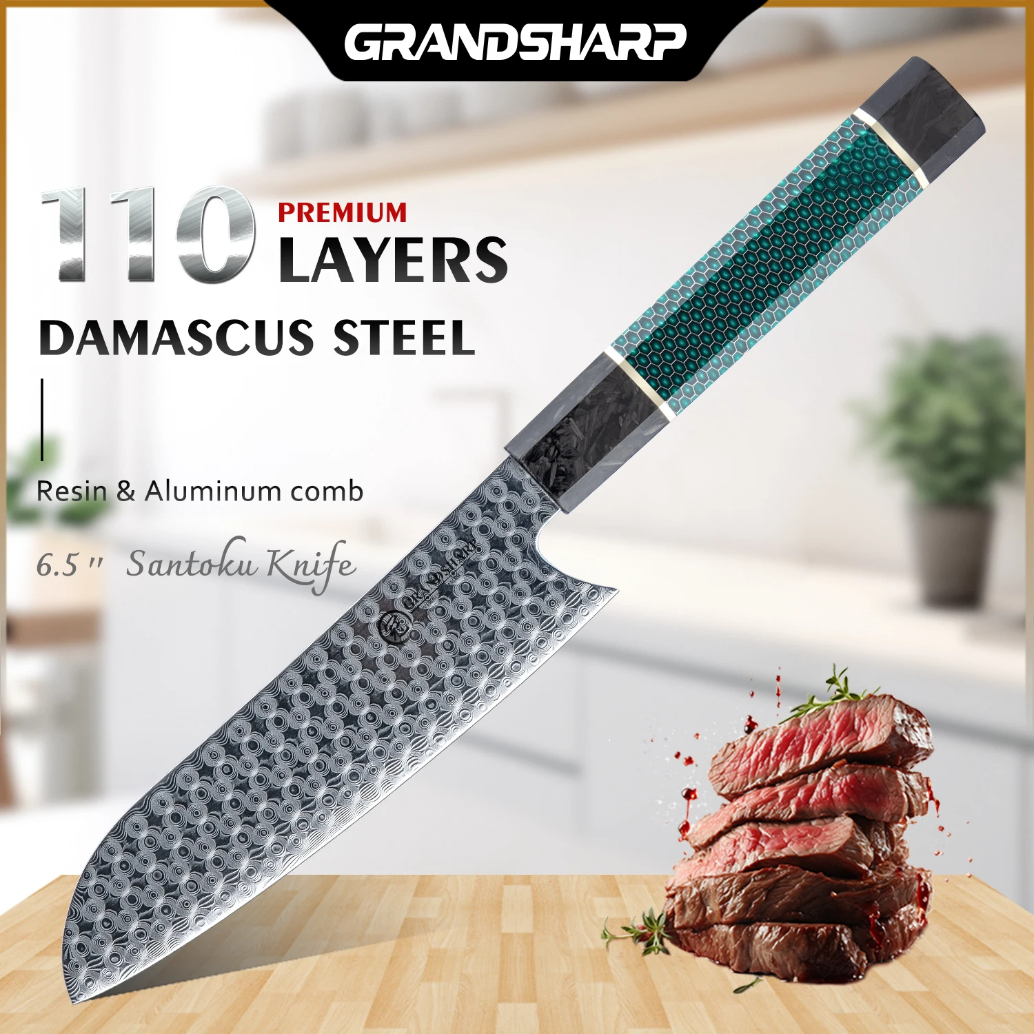 

Handmade Kitchen Knife 110 Layers Damascus Steel Premium Santoku Kitchen Knives Japanese Style Knife with Gift Box Grandsharp