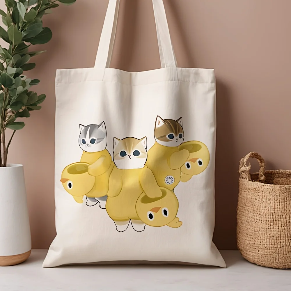 Adorable Cat Canvas Tote Bag Reusable Leak Proof Grocery Shopping Bags with Playful Kitten Design Perfect for Daily Use