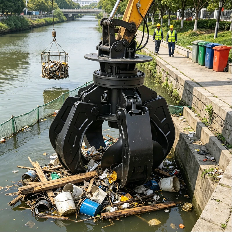 Efficient Hydraulic Excavator Grapple Attachment for Waste Transfer Steel Sorting and Construction Debris Cleanup