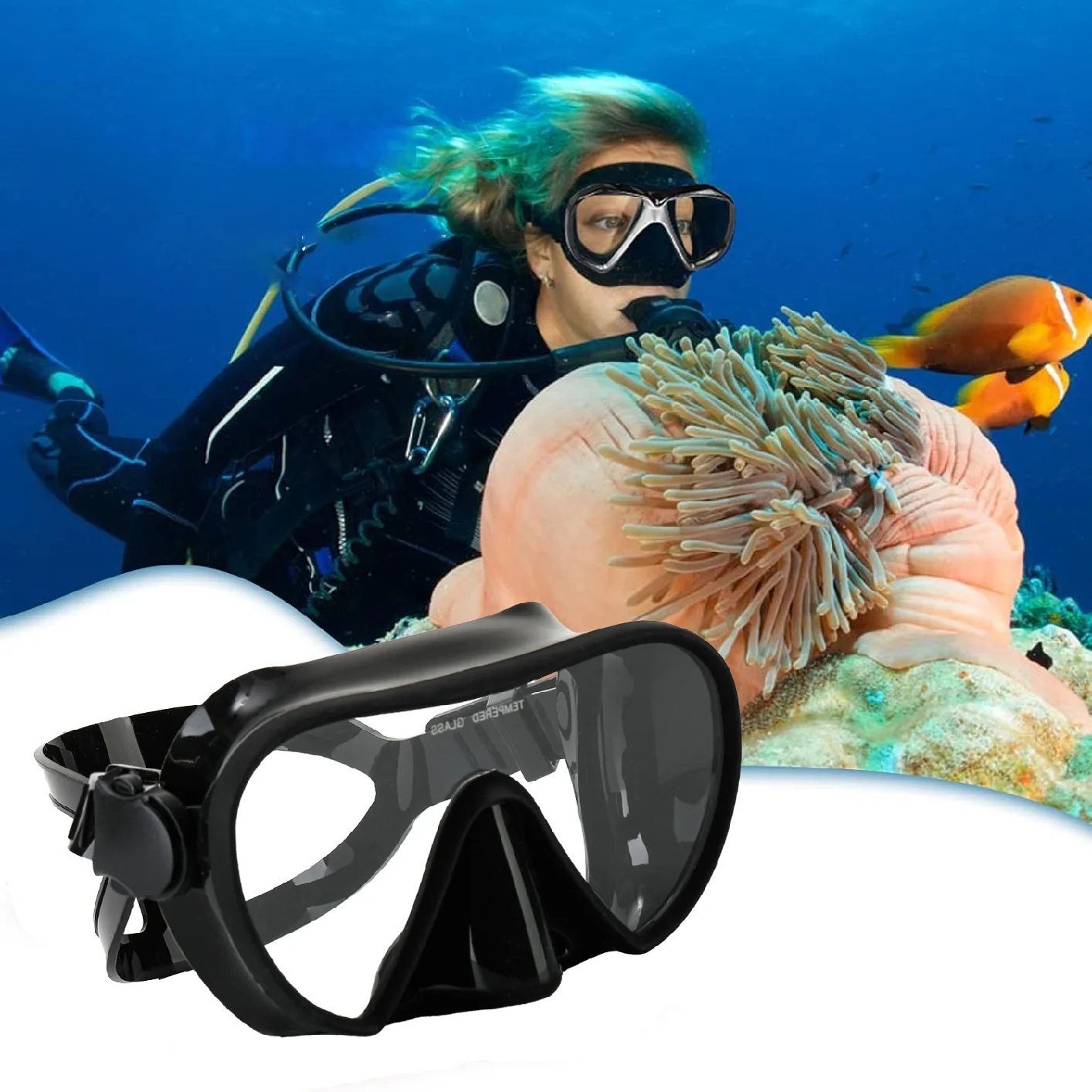 Rahmenlose Maske zum Tauchen, Schnorcheln, perfekte Dichtung, Silikonrock, Panorama-Schwimmbrille aus gehärtetem Glas, geeignet für Erwachsene – Detail 3