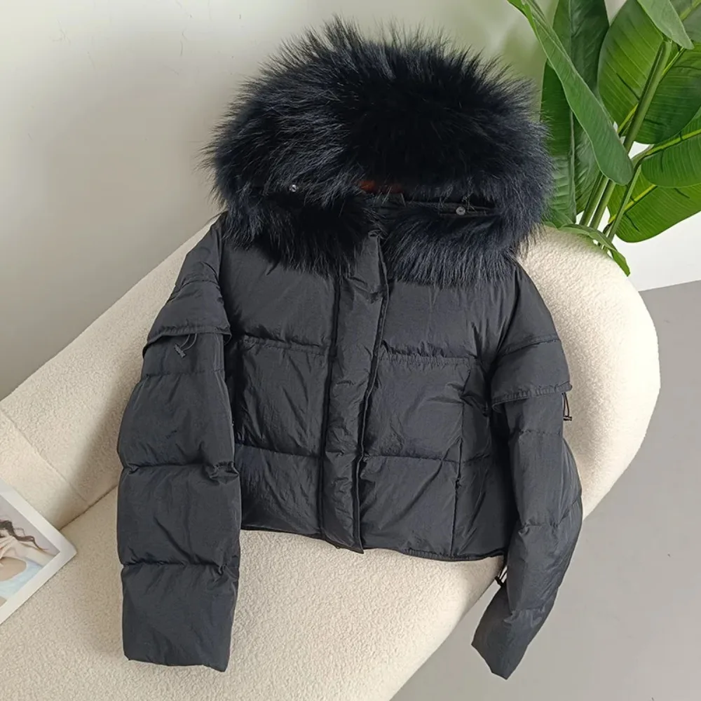 Autumn Winter Women Real Raccoon Fur Collar Hooded Detachable Sleeve Jacket Duck Down Loose Fashionable Streetwear Outerwear