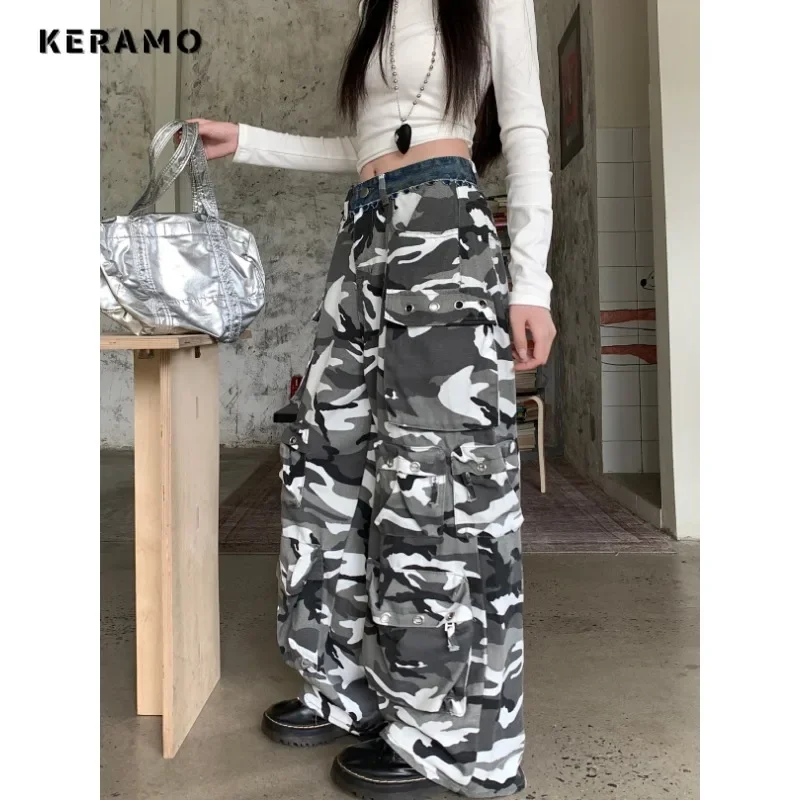 Women's Emo Grunge Street Jean Pockets Hip-hop Baggy Mop American Retro Patchwork Pants Casual Y2K Camouflage Denim Trouser