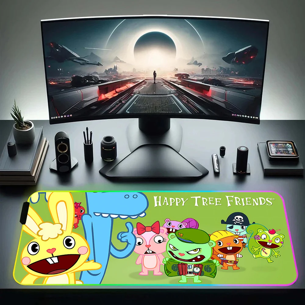 Happy Tree Friends RGB Pc Gamer Keyboard Mouse Pad Mousepad LED Glowing Mouse Mats Rubber Gaming Computer Mausepad