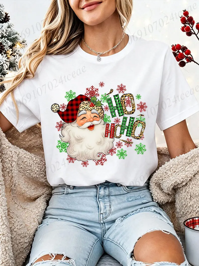 Women Christmas Santa Claus T‑Shirt Leopard Ho Ho Ho Graphic Tee Tshirts Xmas Holiday Party Casual Tops Family Matching Gifts