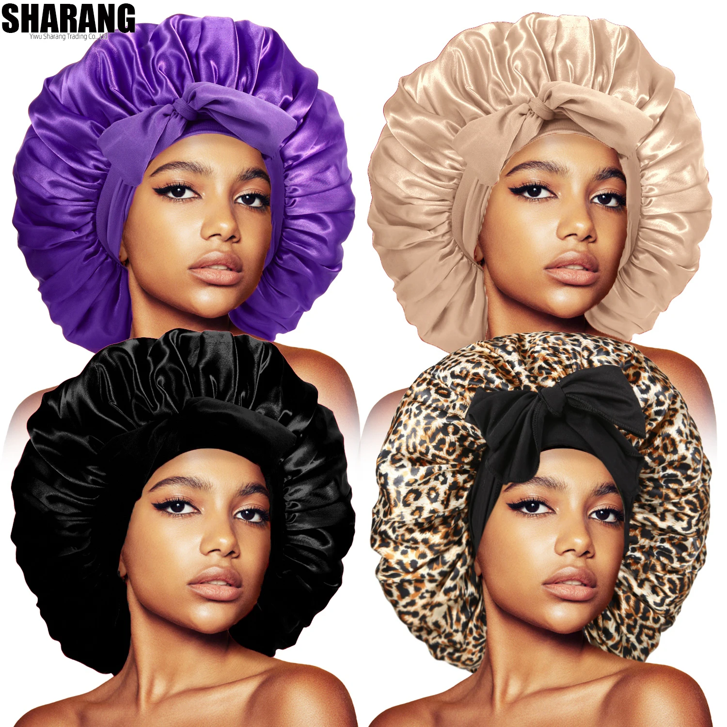 4PCS Hair Cap Satin Bonnet Sleeping Bonnet Bow Decor Elastic Band High Density Women Braids Curly Night Hat Bath Shower Cap