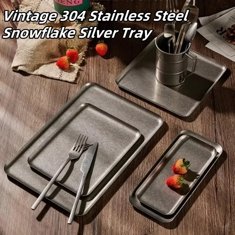 304 Stainless Steel Snowflake Serving Tray Vintage Square Plate for Coffee Shop Steak Dessert Dim Sum Grill