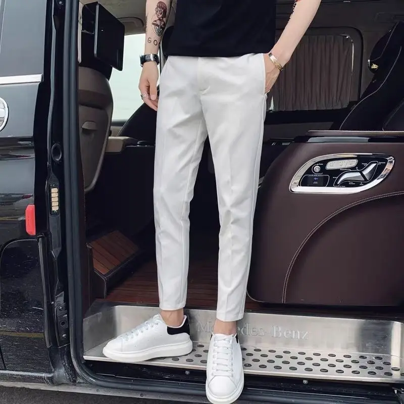 Streetwear Fashion Men Solid Color Smart Casual Suit Pants Spring Summer Thin Slim Fit New Business Cropped Straight Trousers