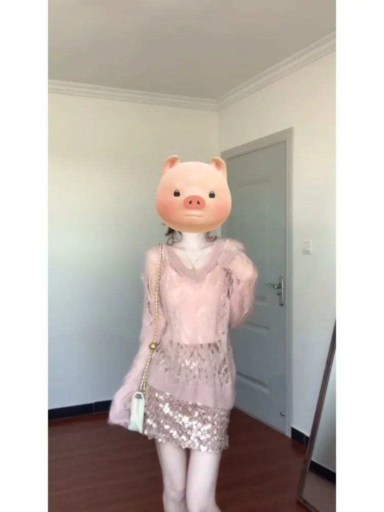 

Soft Style Two-Piece Set Women's Pink Age-Defying Top Glitter Half-Skirt Early Autumn New Fashion Korean Style Ensemble
