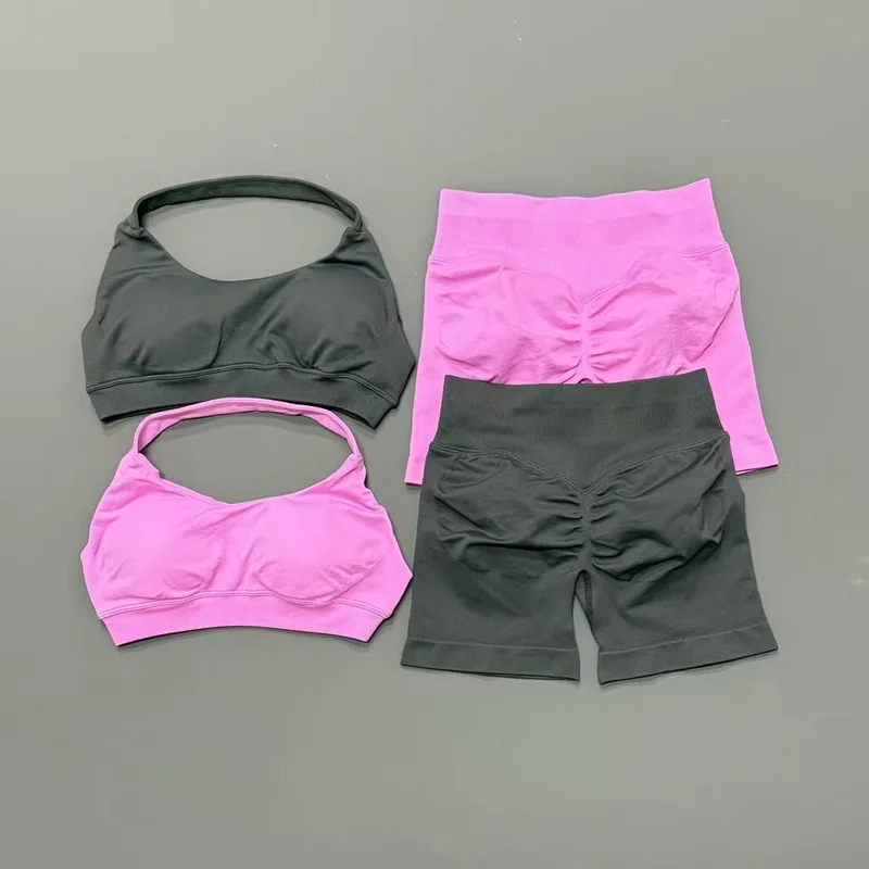 2 Piece Fitness Set Women Sports Bra Push Up Backless Gym Quick Dry Butt Lifting Yoga Shorts Running Workout Pilates Activewear