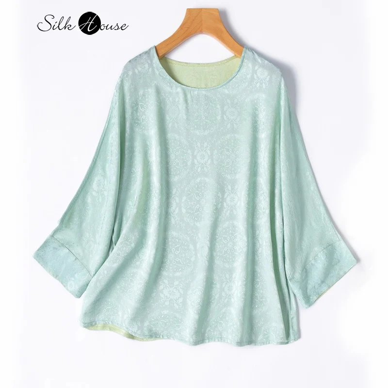 

2025 Women's Casual Early Autumn New 100% Natural Mulberry Silk Full Hole Luo Refreshing Mint Green One Piece Round Neck T-shirt