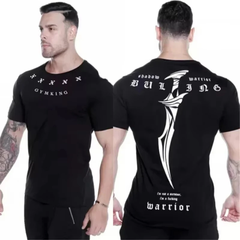 Men's Black Cotton T-shirt Gothic Text & Sword Print Short Sleeve Crew Neck Gym Fitness Casual Streetwear Tops