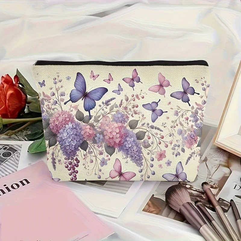 1pc Elegant Linen Cosmetic Bag with Purple Floral & Butterfly Design | Lightweight Zippered Pouch for Women
