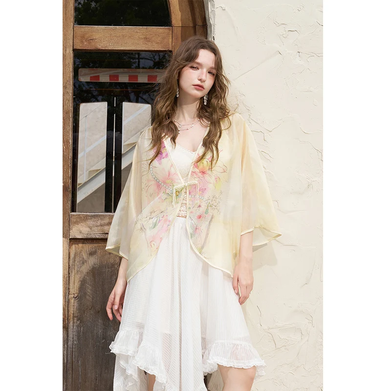 ELFSACK New Chinese Frog Button Kimono Jacket, Watercolor Floral Print Sheer Chiffon Shrug, Summer Casual Layering Outerwear for