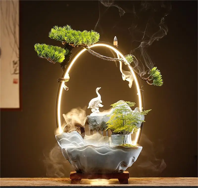 Lucky Flowing Water Rockery Fountain Ceramic Ornaments Creative Feng Shui Luminous Home Living Room Desktop