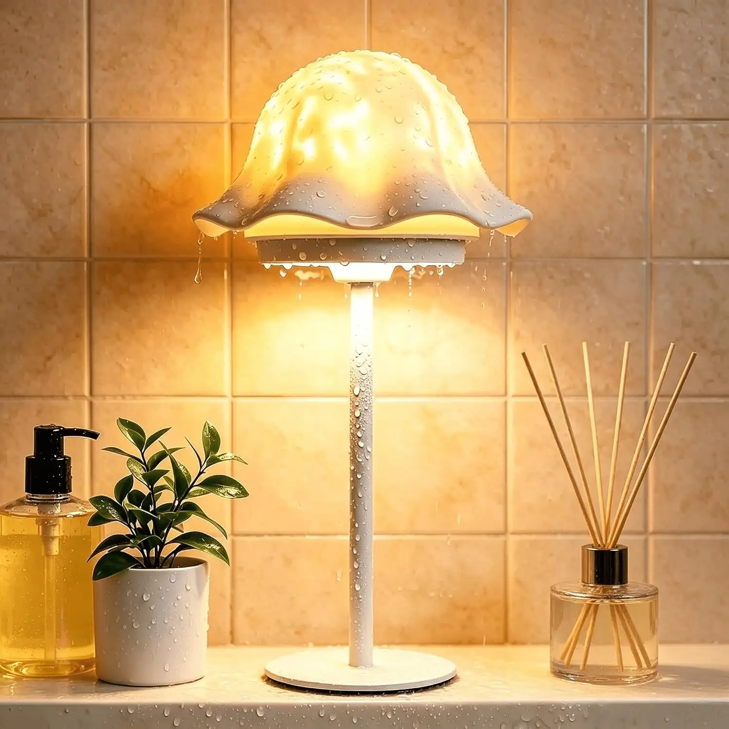 2 in 1 Mushroom Table Lamp Removable Lampshade Ripple Water Wave Projector Light RGB Night Light with Remote Control 5200mAh Rechargeable Ambient Lamp for Bedroom Dining Bathroom Decor
