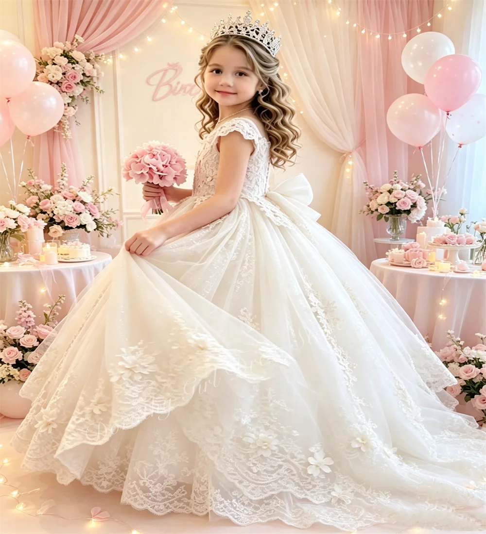 White Fluffy Thin-strap Floral Embroidered Flower Girl Dress for Wedding Parties Children's Birthday Dresses Customizable