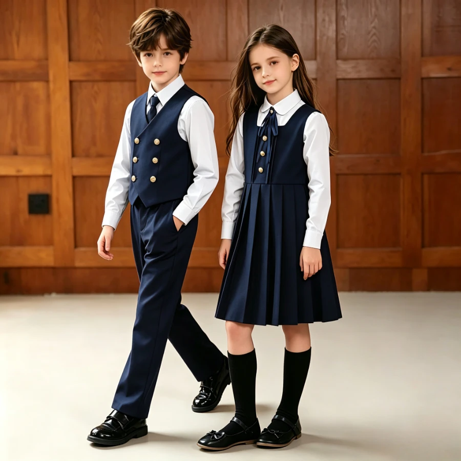 Kids Preppy Uniform Set Navy Double Breasted Boys Vest Pants Girls Dress with Bow Sibling Matching Outfit for Performance 4-14Y