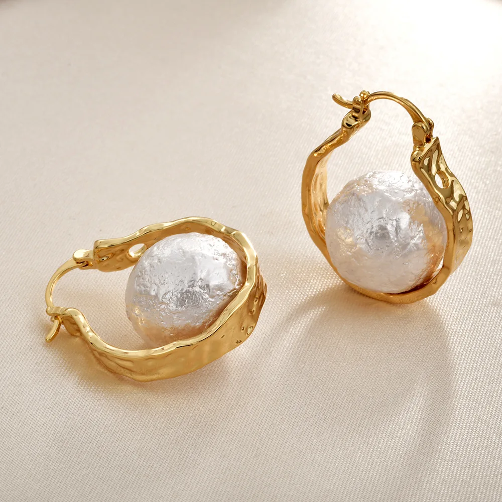 

Korean New Design Chunky Hoop Earrings for Women Party Waterproof Brincos 22K Gold-plated Pearl Fashion Charm Ear Jewelry Gifts