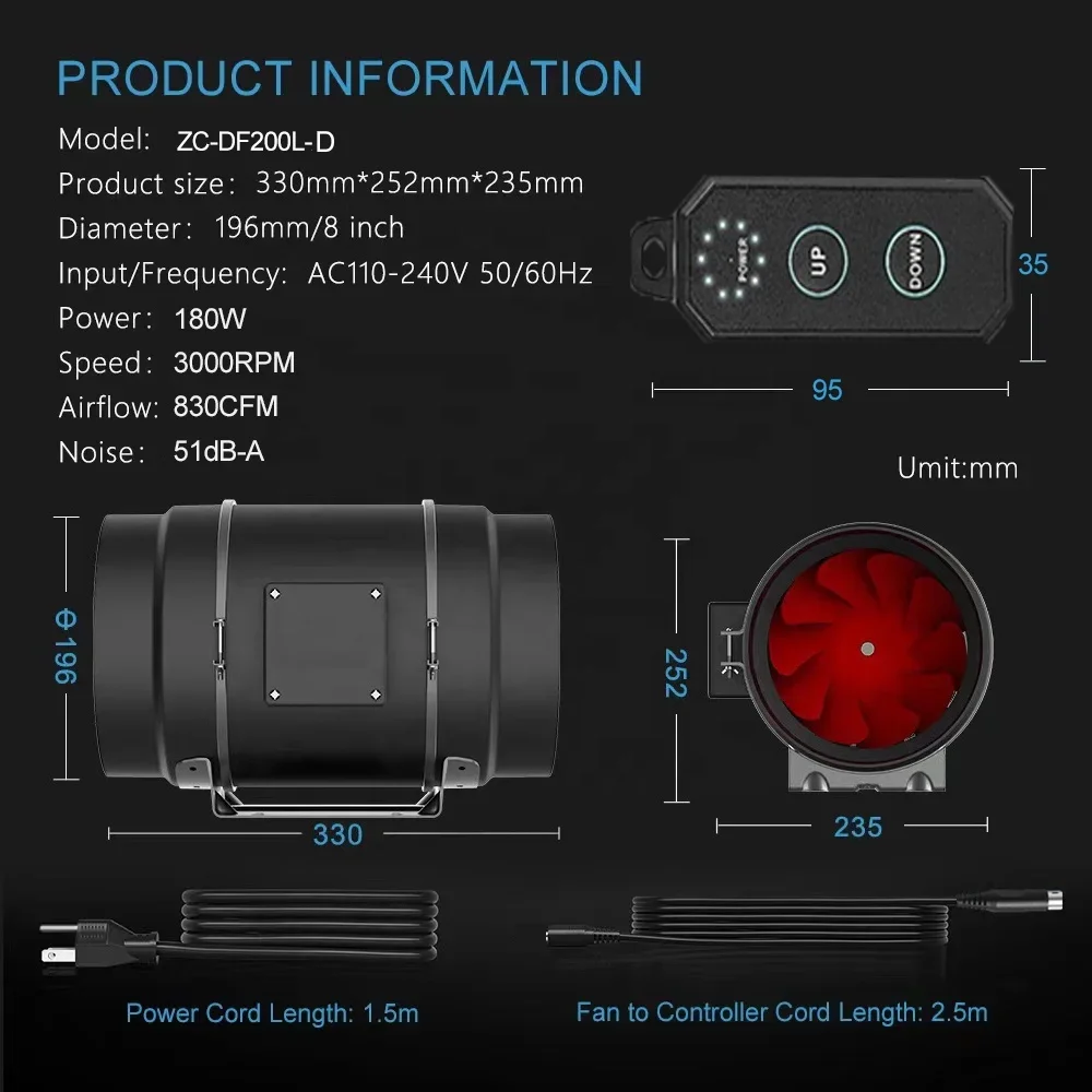 Silent 8 inch 830CFM Duct Fan with electronic controller Ducted Wall Ventilation Exhaust Blower Fan for Grow Tents Hydroponics