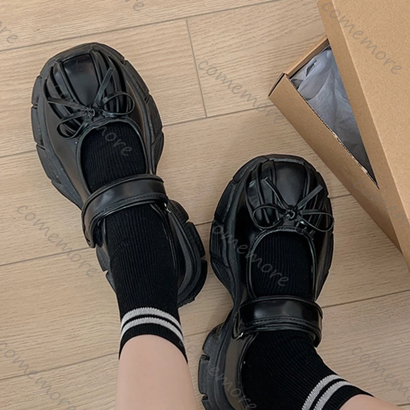 Comemore أحذية نسائية أسود فضي منصة ماري جينس أحذية رياضية 2026 ربيع الخريف جديد Bowknot كعب مكتنز سميكة سوليد المتسكعون #2
