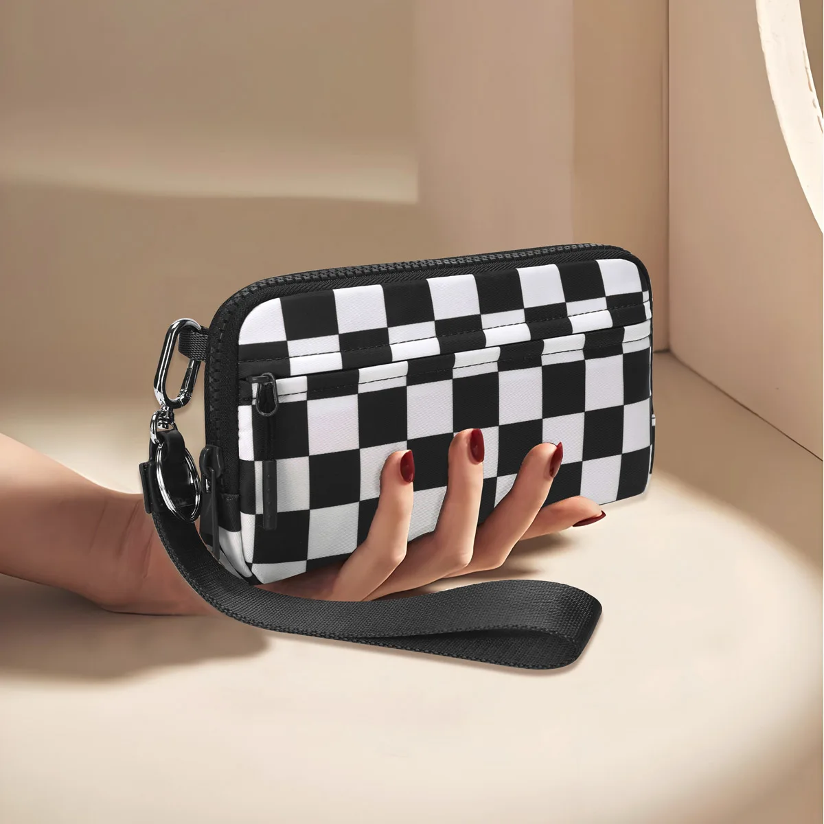 Damen-Geldbörse, niedliches Karomuster, mehrere Kreditkartenfächer, durchsichtiges Ausweisfenster, großes Fassungsvermögen, Reißverschluss, Clutch, leicht, für Reisen geeignet – Detail 4