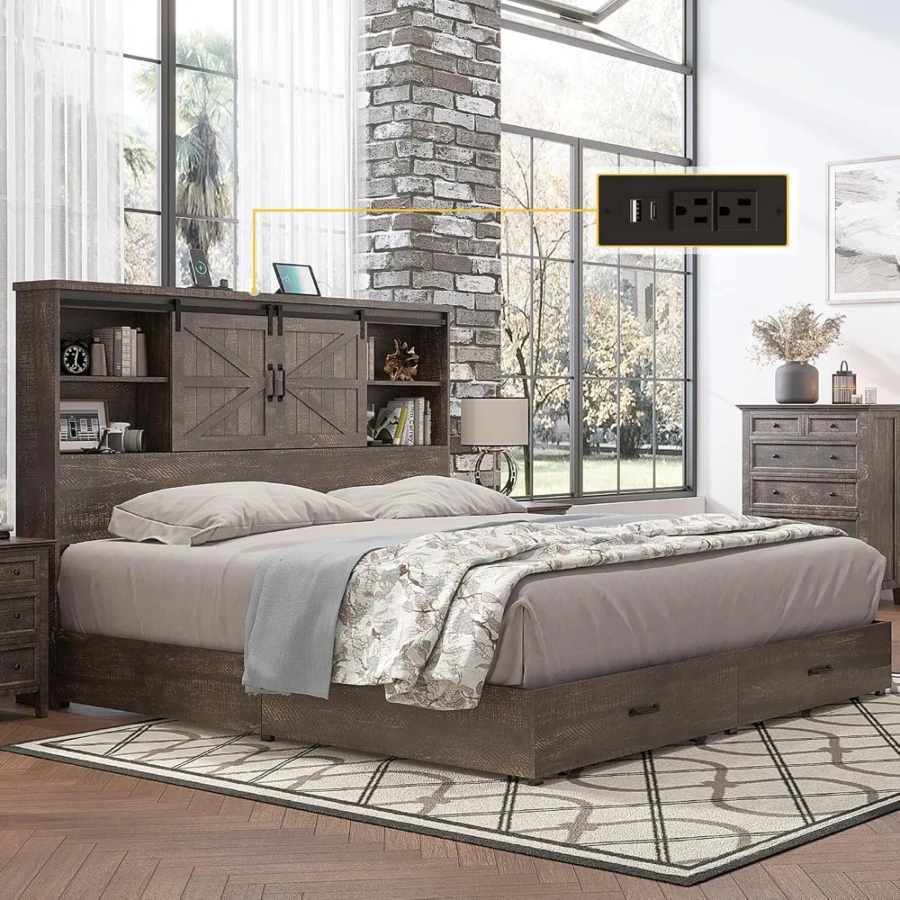 

King Size Wood Platform Bed Frame with 51.2" Bookcase Headboard, Storage Bed featuring Sliding Barn Door and Charging Station wi