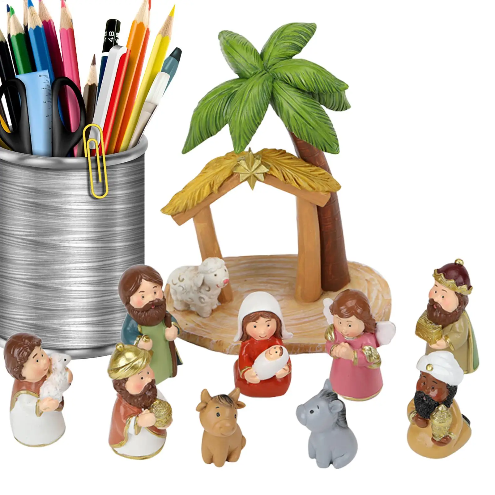 10pcs Christmas Nativity Scene Ornament Resin Christan Jesus Sculpture Cartoon Coconut Tree Horse Trough Jesus Nativity Figure