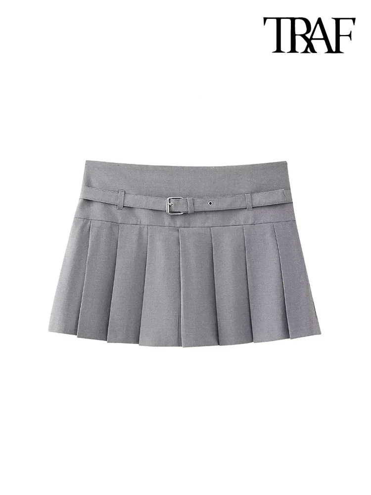 TRAF-Pleated Shorts Skirts dla kobiet, z paskiem, boczny zamek błyskawiczny, średnio wysoka talia, kobiece spodenki, moda