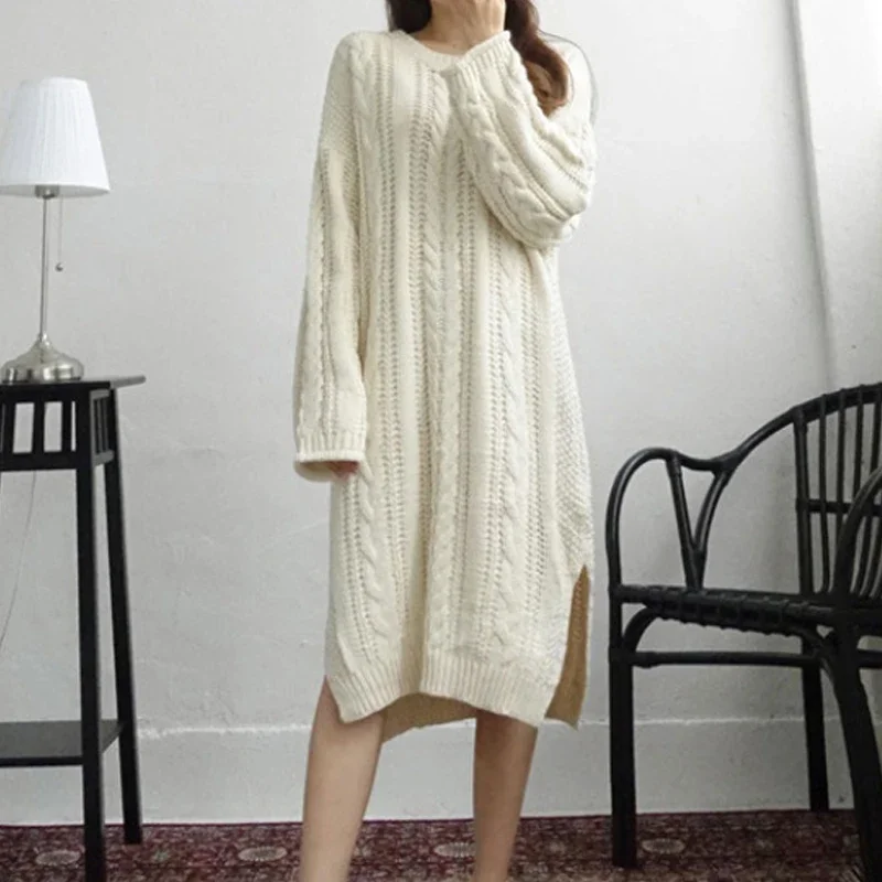 Apricot Thicken Loose Knit Dress Woman Autumn  O Neck Elegant Knitted Bodycon Dress Female Split Sweater Winter Clothing