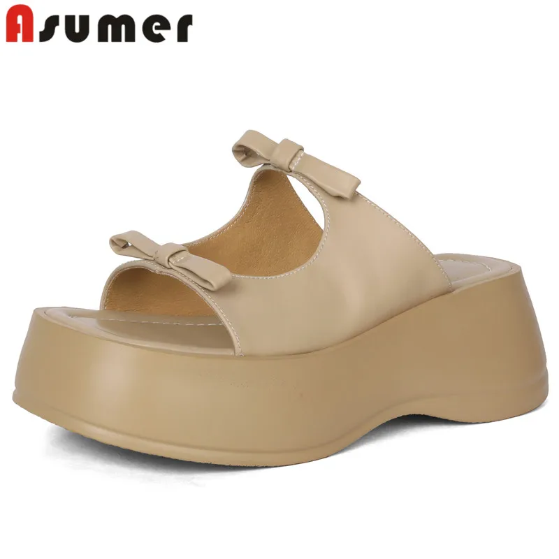 

ASUMER 2024 New Butterfly Knot Genuine Leather Slippers Cool Ladies Platform Modern Slippers Chunky Heels Casual Women Shoes