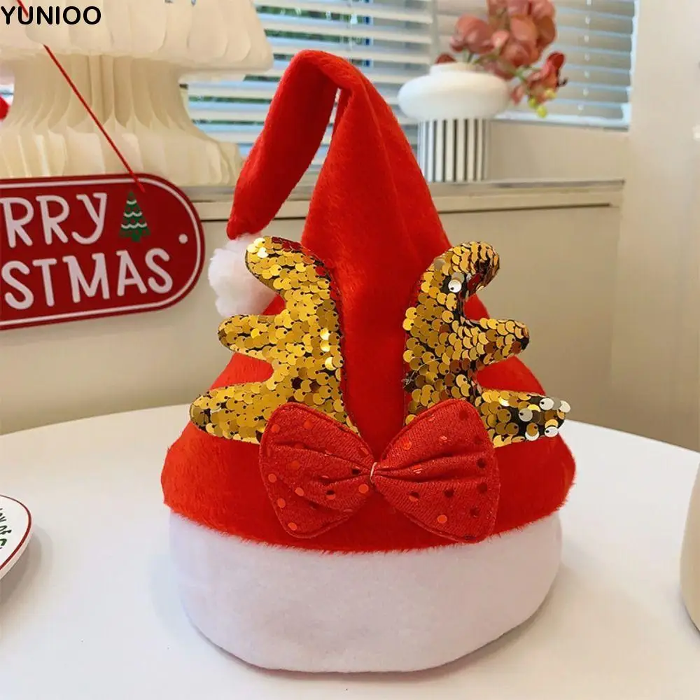 

Fashion Merry Christmas Decoration Christmas Sequin Hat Bow Green Red Santa Claus Hat Velvet Snowflake Red Plush Hat Children