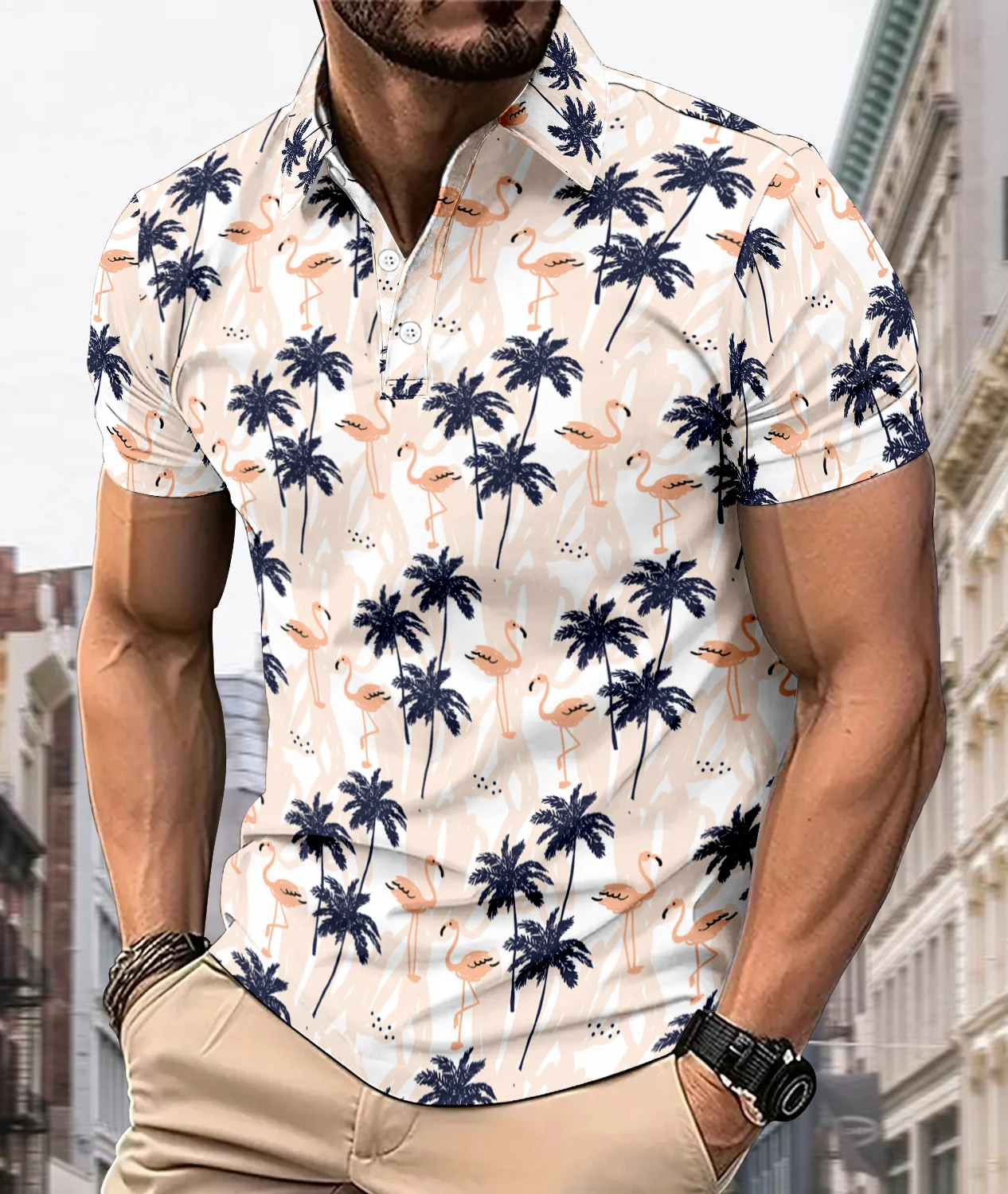 New men's cross-border short sleeved polo with fashionable print design  lapel button polo that can be machine washed