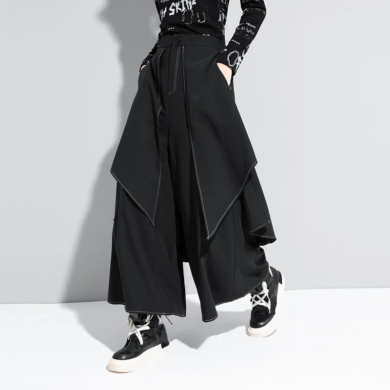 New 2026 Black Loose False Two-piece Wide Legs Pants Ladies Casual Streetwear Hurajuku Trousers  Ladies Korean Woman Pants