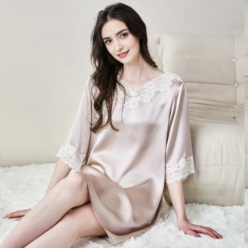 

Women's Loose Fit 100% Mulberry Silk Nightdress Lace Pajamas Comfortable French Loungewear Above Knee Soft Sleepwear XL Size