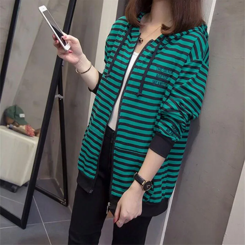 Hooded Casual Woman\'s Coat 2023 New Spring And Autumn Jacket Stripe Zipper Thin Sweater Loose Female Hoodie Cardigan Tops