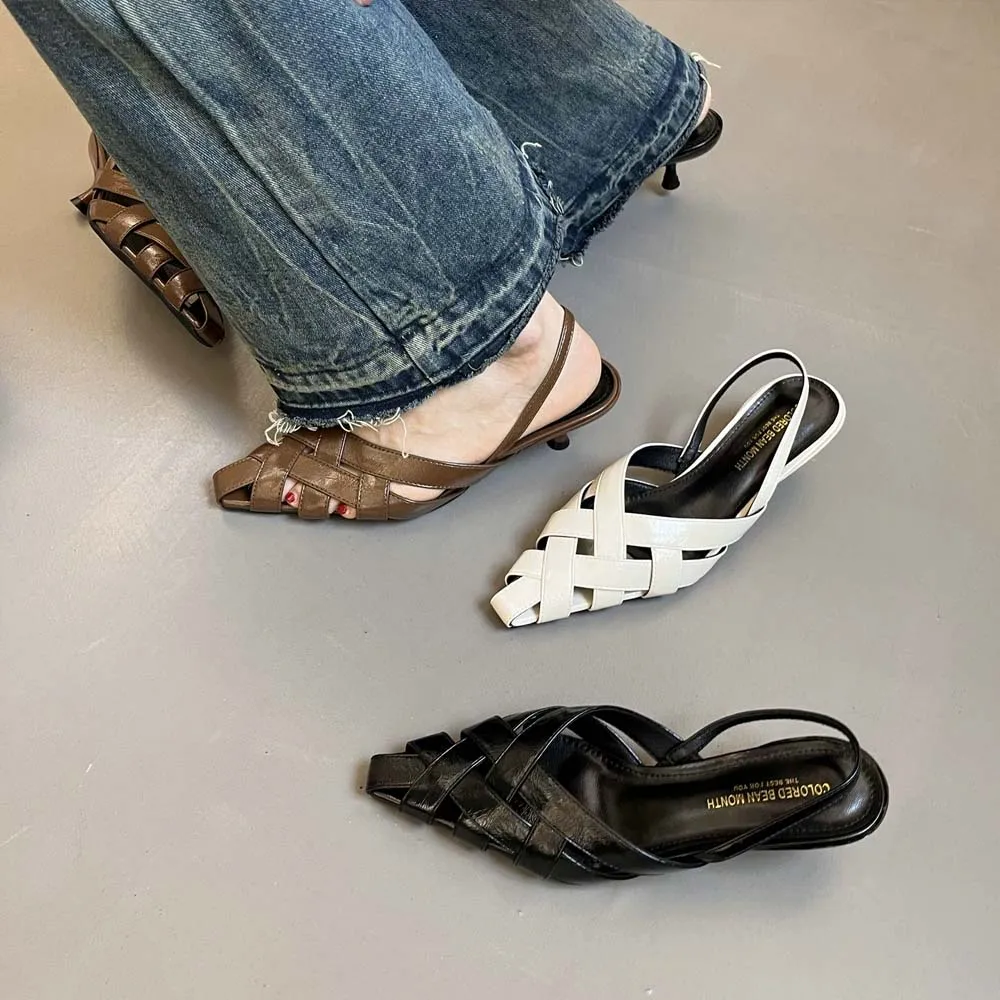 

Weaving Mules Sandals Pointed Toe Women Kitten Heels Fashion Black Brown Commuting Roman Summer Back Strap Leather Solid Shoes