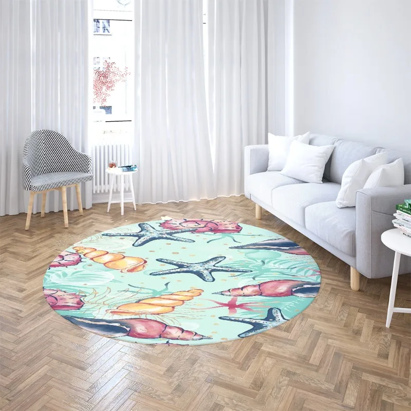 Turtle Palm Hibiscus Print Round Rug  Anti-slip Floor Mat Starfish Floral Carpet For Balcony Bedroom Room Holiday Home Decor Mat
