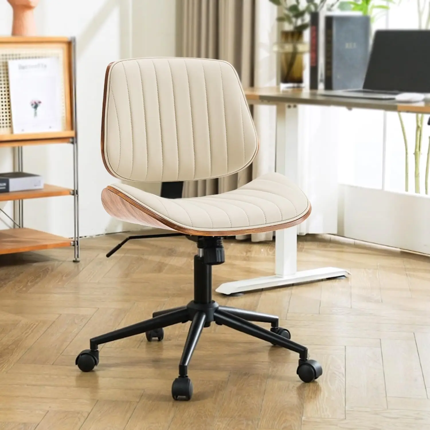 

Home Office Desk Chair with Wheels, Modern PU Leather Swivel Computer Chair, Armless Upholstered Cirss Cross Vanity Chair for Ho