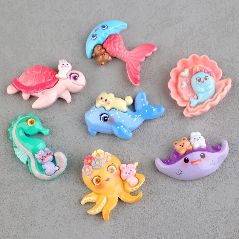 10pcs Resin Seashell Flatback Cabochon Kawaii Seahorse Dolphin Mermaid Miniature Art Supply Decoration Charm Craft Cute Fishes