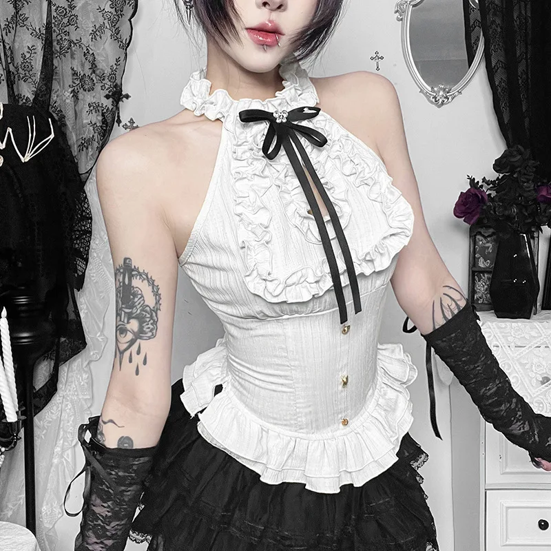 Goth Dark Kawaii Women Blouses Trim Off Shoulder Halter Tops Mall Gothic Ruched Bow Tanks Top Fairycore Teachwear Summer Vests