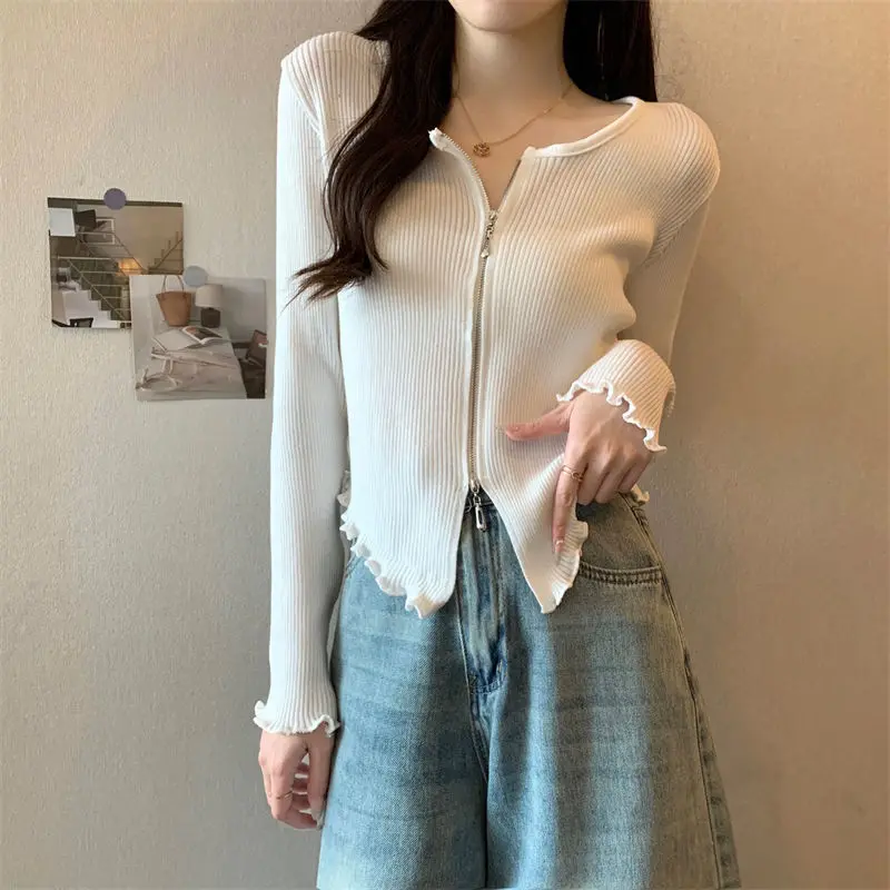 Pure Desire Wind U-neck Double Zipper Black Fungus Edge Knitted Cardigan Spicy Girl Slim Fit Irregular Long Sleeve Women's