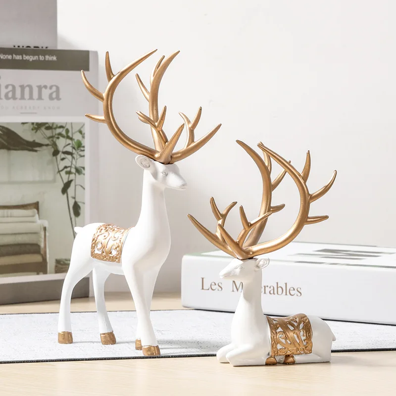 

2Pcs Christmas Reindeer Sculpture Geometric Resin Sitting Standing Elk Deer Figurine Christmas Ornament Home Living Room Decor