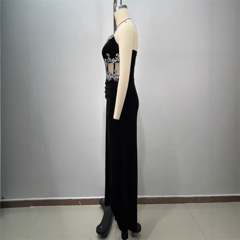 Lussuoso abito senza spalline in velluto nero trasparente sexy con paillettes